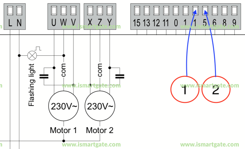 Wiring diagram for DITEC Entrematic E2 (for 230V AC Motors)
